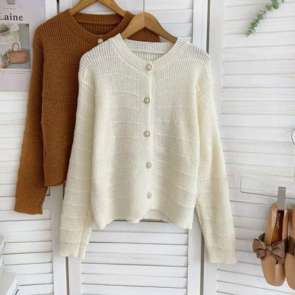 Crew Neck Solid Color Cropped Button Cardigan