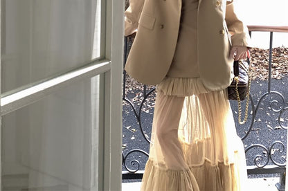 Double Breasted Blazer with Mesh Mermaid Maxi Dress
