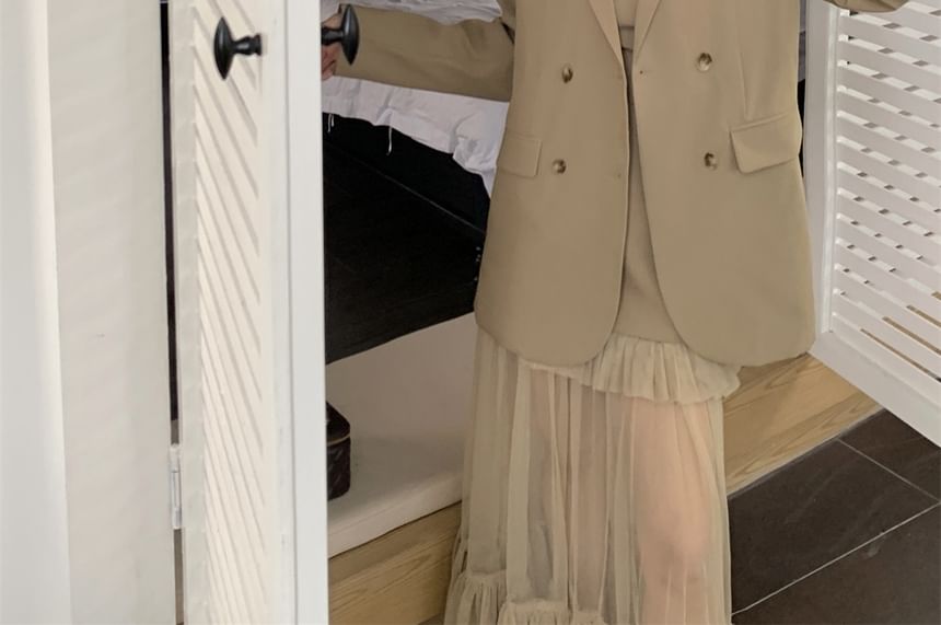 Double Breasted Blazer with Mesh Mermaid Maxi Dress