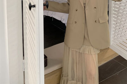Double Breasted Blazer with Mesh Mermaid Maxi Dress
