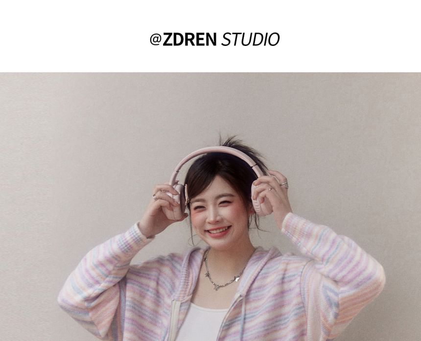 Plus Size Striped Zip-Up Knit Hoodie