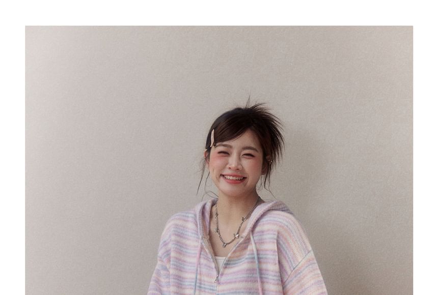 Plus Size Striped Zip-Up Knit Hoodie