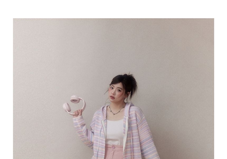 Plus Size Striped Zip-Up Knit Hoodie