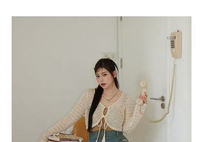 Plus Size Set: Plain Slim Fit Crop Cami Top + V-Neck Perforated Tie Front Cardigan