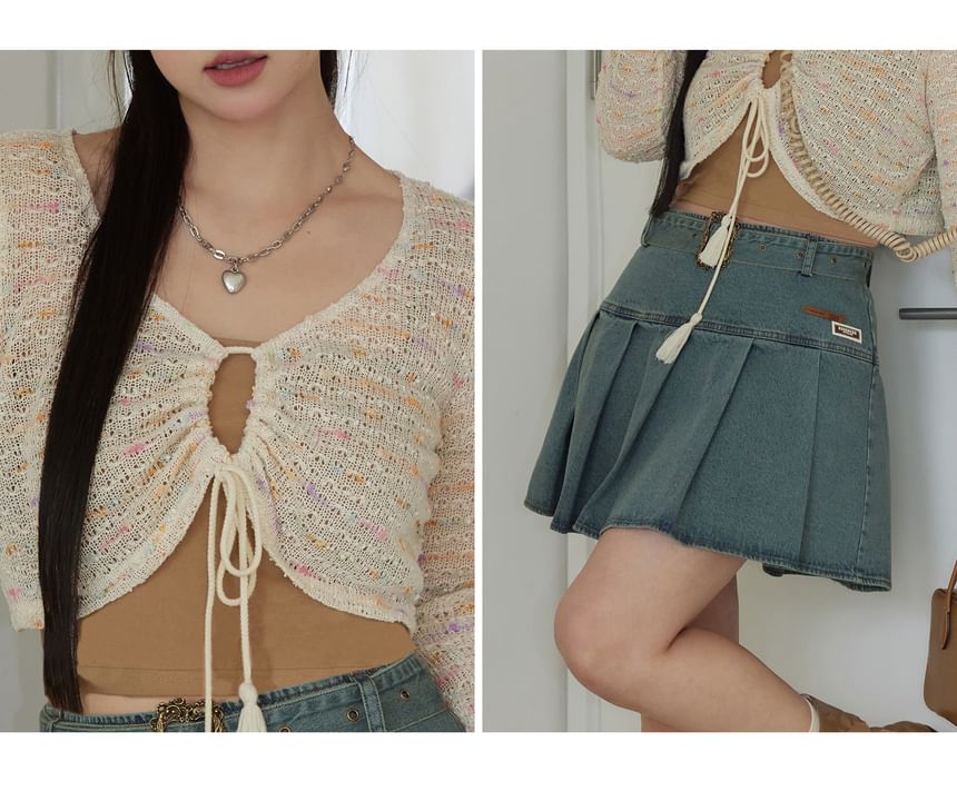 Plus Size Set: Plain Slim Fit Crop Cami Top + V-Neck Perforated Tie Front Cardigan