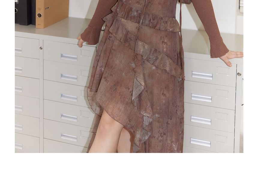 Plus Size Spaghetti Strap V-Neck Butterfly Print Asymmetrical Ruffle Trim Tie Front A-Line Dress