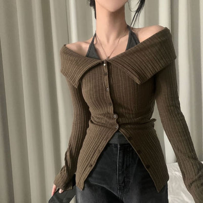 Off-Shoulder Slim-Fit Cardigan & Halter-Neck Camisole Set