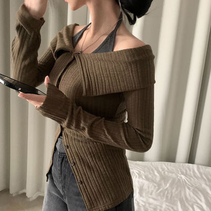 Off-Shoulder Slim-Fit Cardigan & Halter-Neck Camisole Set