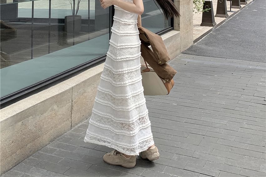Spaghetti Strap Lace Panel Scoop Neck A-Line Maxi Dress with Crop Jacket