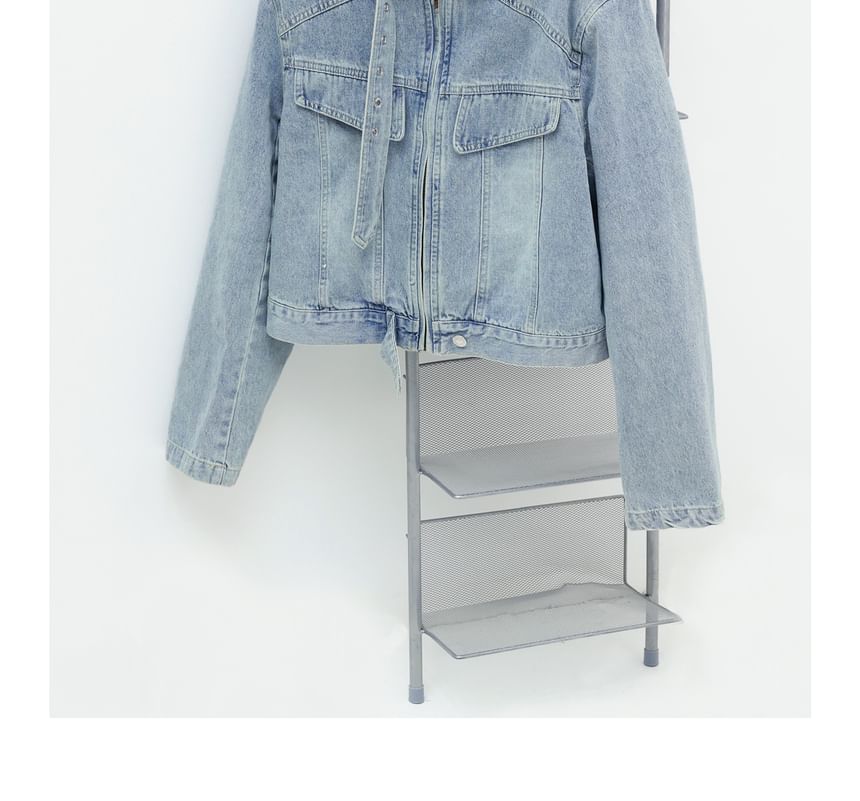 Plus Size Stand Collar Washed Panel Zip Denim Jacket