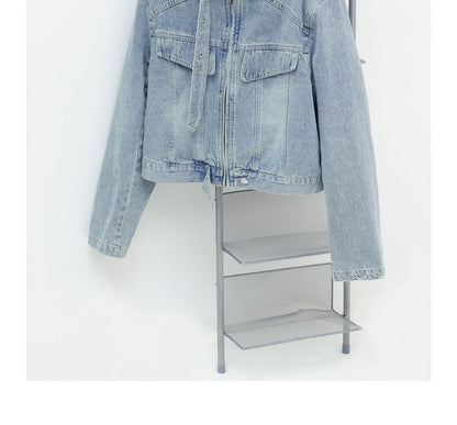 Plus Size Stand Collar Washed Panel Zip Denim Jacket