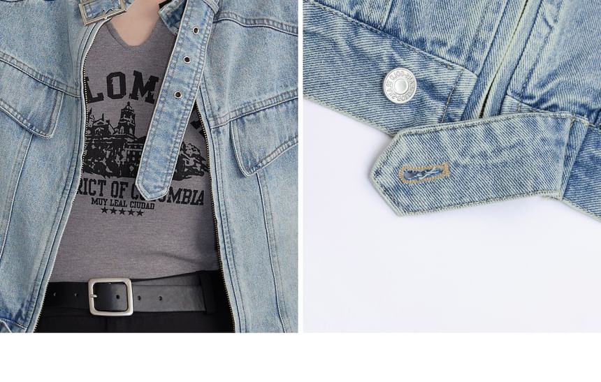 Plus Size Stand Collar Washed Panel Zip Denim Jacket