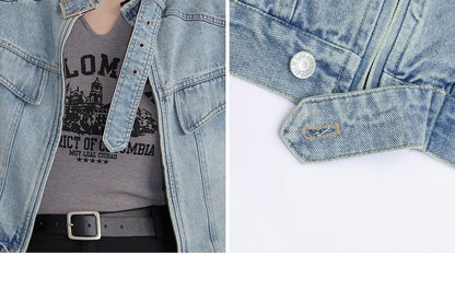 Plus Size Stand Collar Washed Panel Zip Denim Jacket