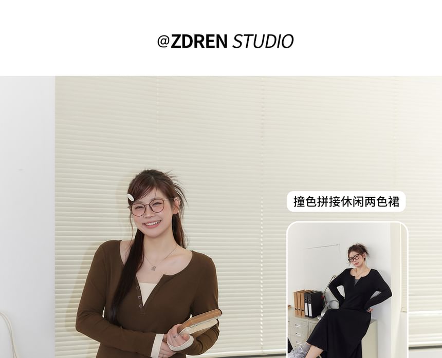 Plus Size Long Sleeve Mock Two Piece Button Maxi A-Line Dress