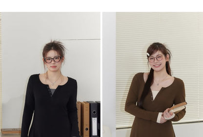 Plus Size Long Sleeve Mock Two Piece Button Maxi A-Line Dress