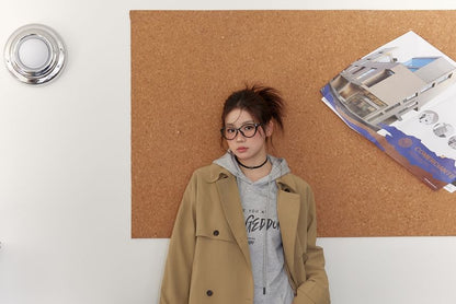 Plus Size Collared Plain Midi Double Breasted Trench Coat