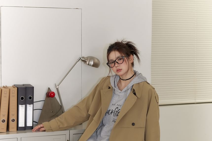 Plus Size Collared Plain Midi Double Breasted Trench Coat