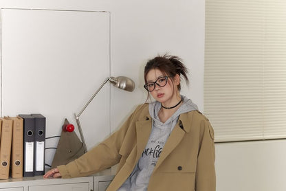 Plus Size Collared Plain Midi Double Breasted Trench Coat