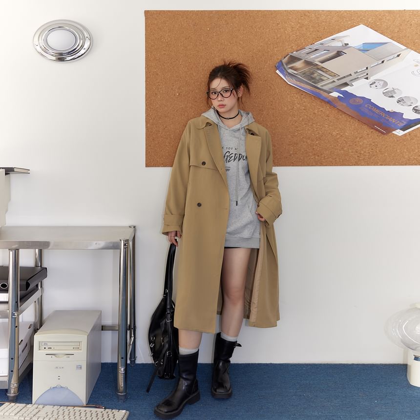 Plus Size Collared Plain Midi Double Breasted Trench Coat