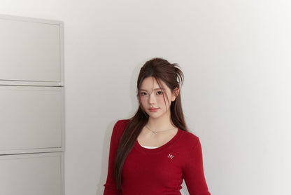 Plus Size Long-Sleeve Crew Neck Embroidered Ribbed Knit Top