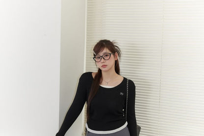 Plus Size Long-Sleeve Crew Neck Embroidered Ribbed Knit Top