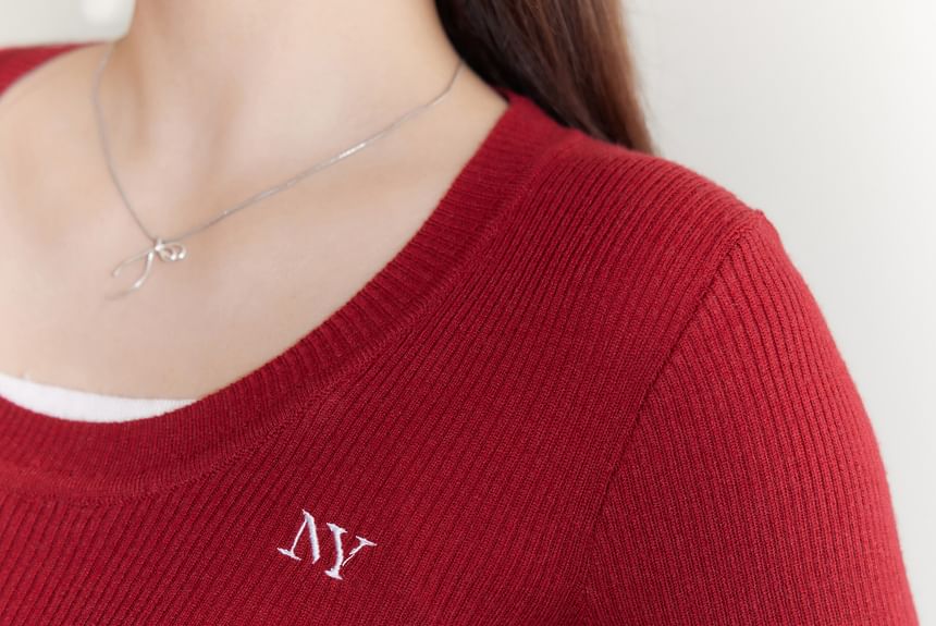 Plus Size Long-Sleeve Crew Neck Embroidered Ribbed Knit Top