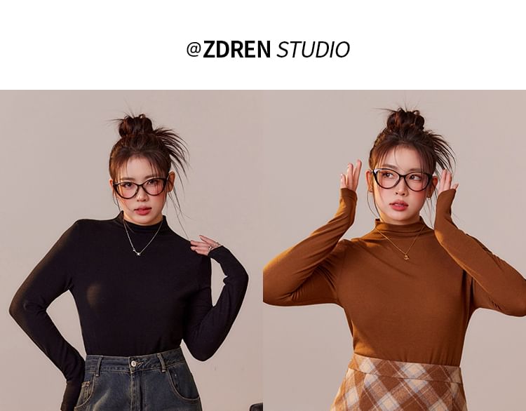 Plus Size Long Sleeve Mock Neck Plain Top