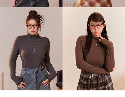 Plus Size Long Sleeve Mock Neck Plain Top