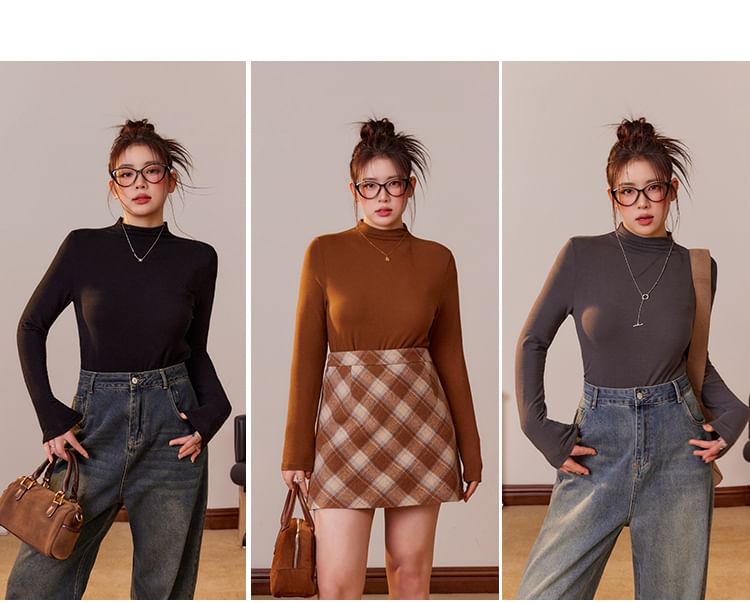 Plus Size Long Sleeve Mock Neck Plain Top