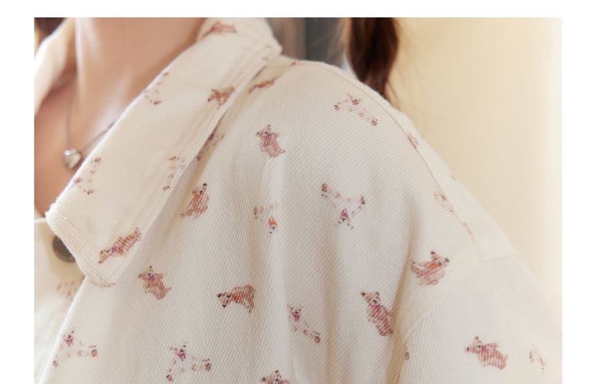 Plus Size Collared Bear Print Button Denim Jacket