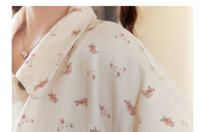 Plus Size Collared Bear Print Button Denim Jacket