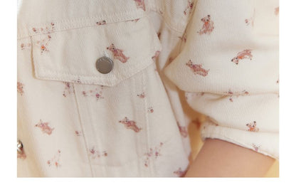 Plus Size Collared Bear Print Button Denim Jacket