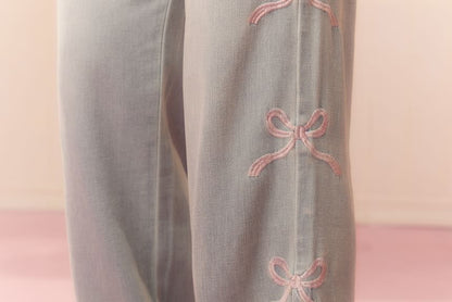 Plus Size High Rise Washed Bow Embroidered Wide Leg Jeans