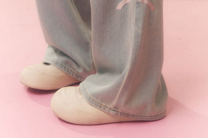 Plus Size High Rise Washed Bow Embroidered Wide Leg Jeans