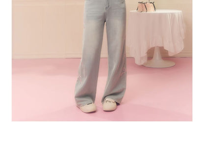 Plus Size High Rise Washed Bow Embroidered Wide Leg Jeans