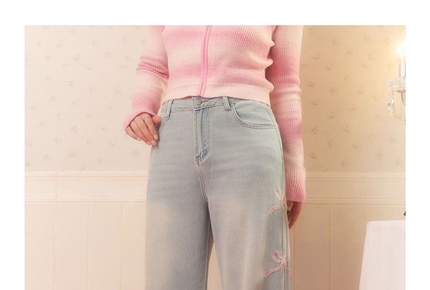 Plus Size High Rise Washed Bow Embroidered Wide Leg Jeans