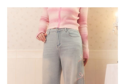 Plus Size High Rise Washed Bow Embroidered Wide Leg Jeans