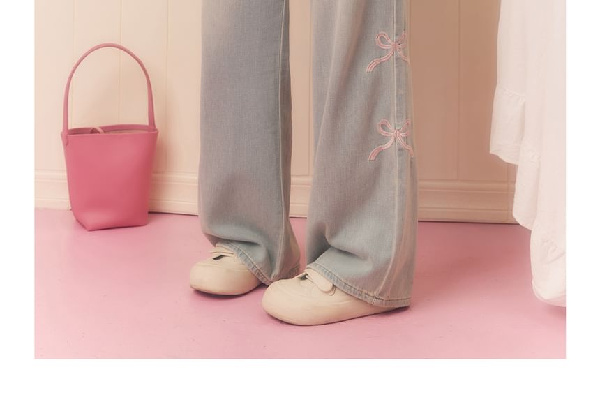 Plus Size High Rise Washed Bow Embroidered Wide Leg Jeans