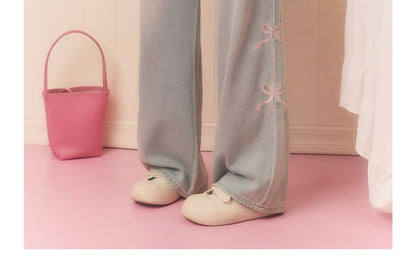 Plus Size High Rise Washed Bow Embroidered Wide Leg Jeans