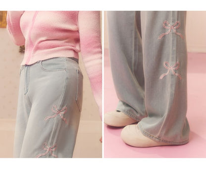 Plus Size High Rise Washed Bow Embroidered Wide Leg Jeans