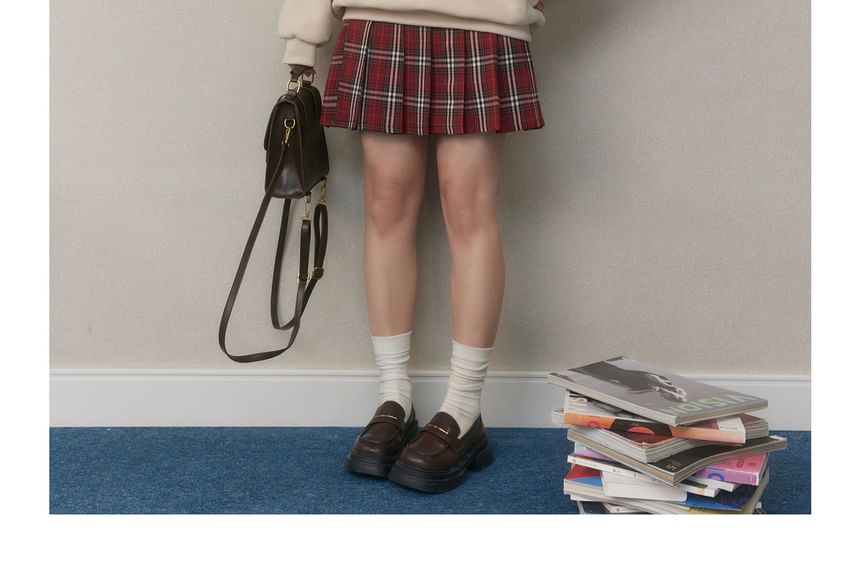 Plus Size High Waist Plaid Pleated Buckled Mini A-Line Skirt