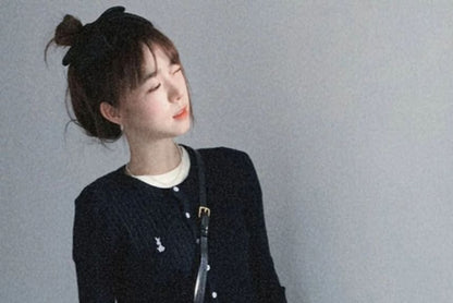 Crew Neck Embroidered Plain Cardigan / Short-Sleeve Crew Neck Plain Tee / High Waist Plain Mini A-Line Skirt