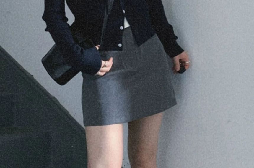 Crew Neck Embroidered Plain Cardigan / Short-Sleeve Crew Neck Plain Tee / High Waist Plain Mini A-Line Skirt