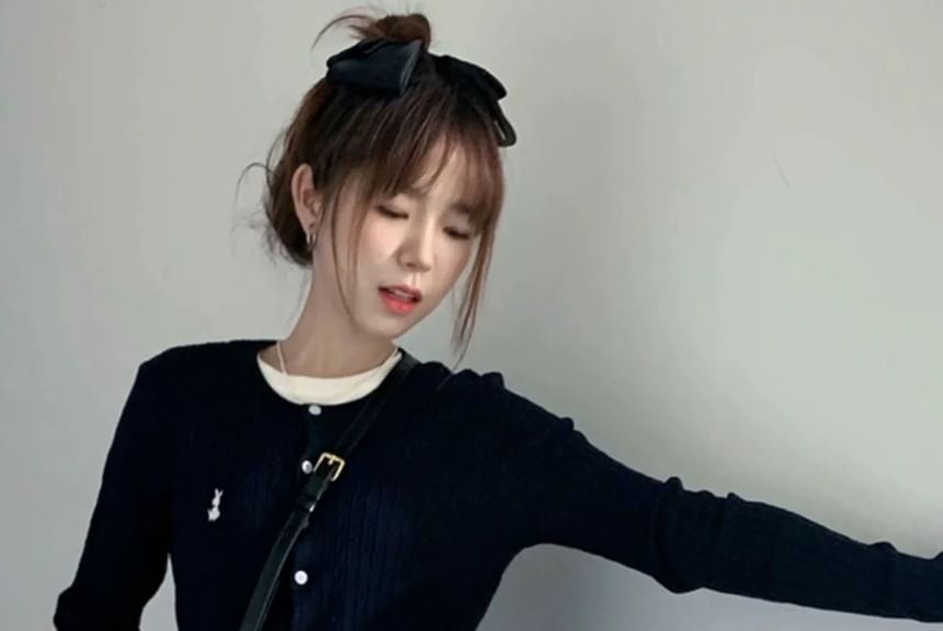 Crew Neck Embroidered Plain Cardigan / Short-Sleeve Crew Neck Plain Tee / High Waist Plain Mini A-Line Skirt