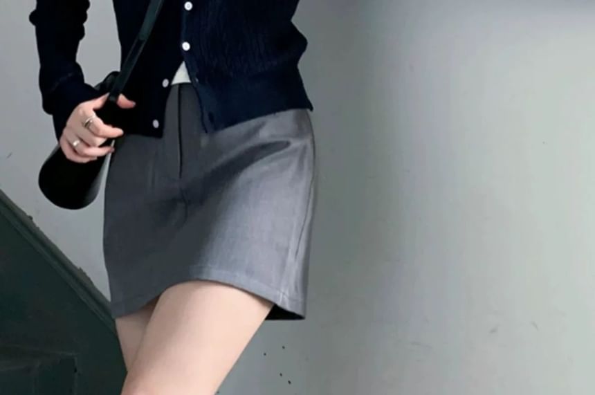 Crew Neck Embroidered Plain Cardigan / Short-Sleeve Crew Neck Plain Tee / High Waist Plain Mini A-Line Skirt