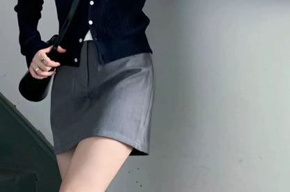 Crew Neck Embroidered Plain Cardigan / Short-Sleeve Crew Neck Plain Tee / High Waist Plain Mini A-Line Skirt