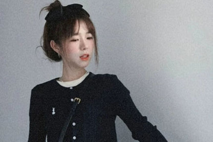 Crew Neck Embroidered Plain Cardigan / Short-Sleeve Crew Neck Plain Tee / High Waist Plain Mini A-Line Skirt