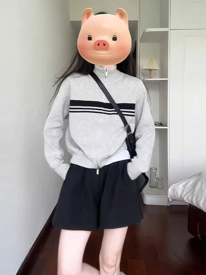 Stand Collar Striped Knit Zip Jacket / Mid Rise Plain Shorts / Set