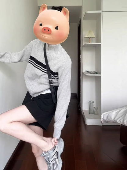 Stand Collar Striped Knit Zip Jacket / Mid Rise Plain Shorts / Set