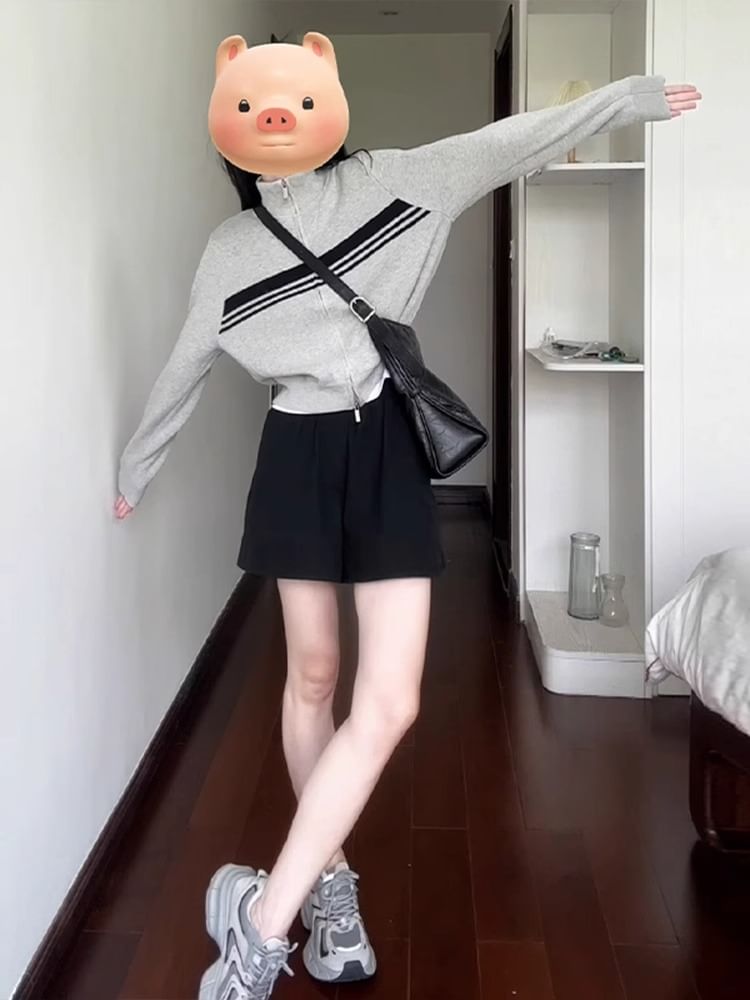 Stand Collar Striped Knit Zip Jacket / Mid Rise Plain Shorts / Set